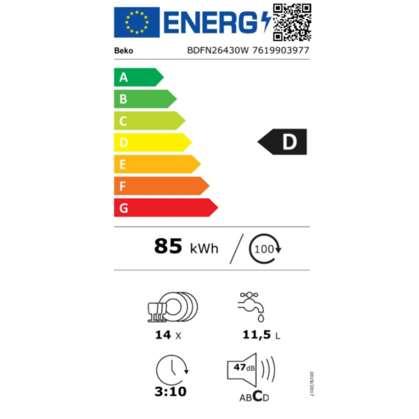 Ελεύθερο Πλυντήριο Πιάτων Beko BDFN26430W Λευκό [◎14/Υ85×Π60cm]